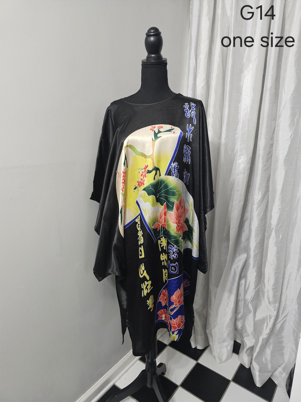 Black Floral Satin Kimono-Style Women's Top